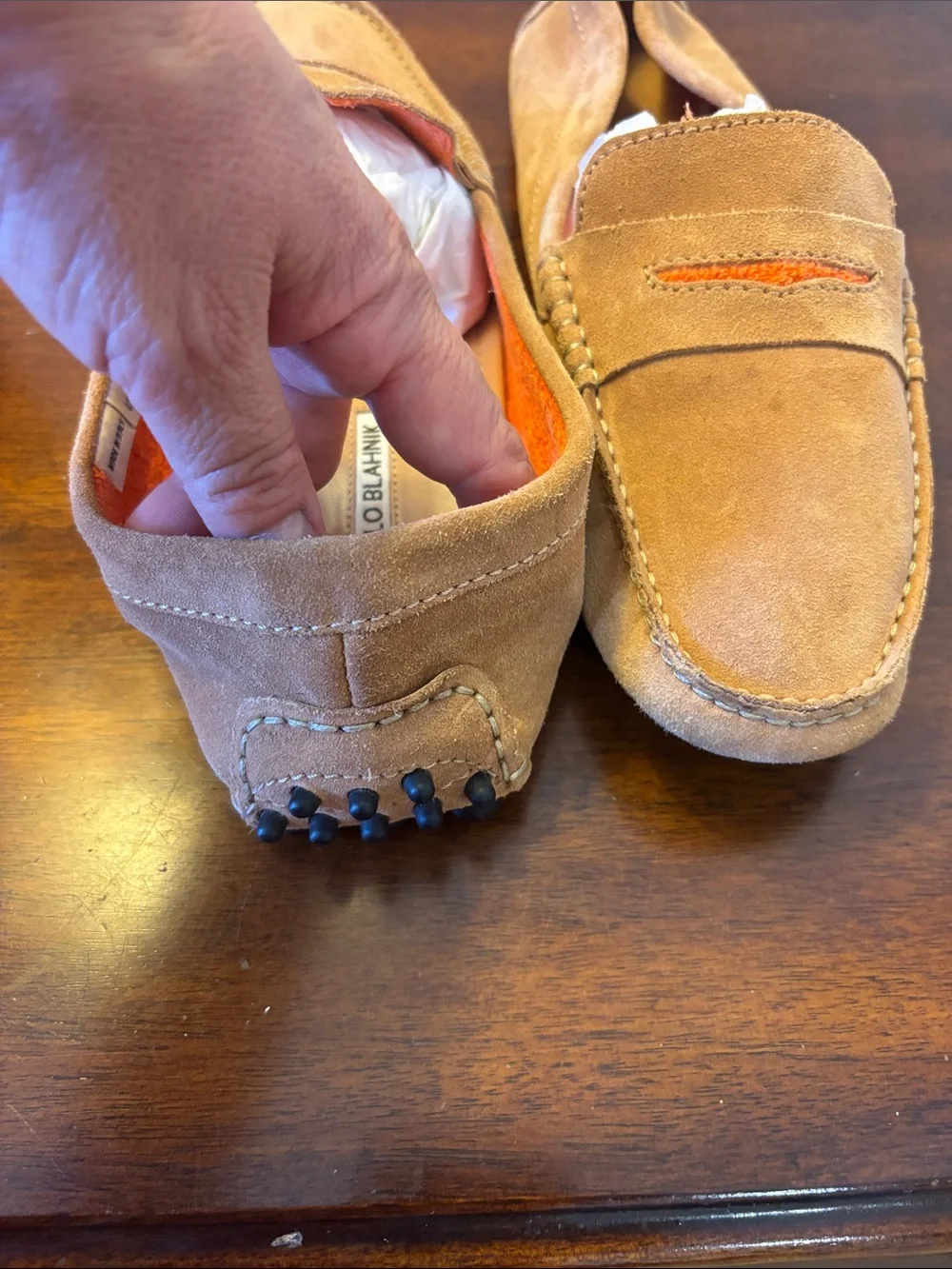 Manolo Blahnik brown Suede Penny Loafers with Orange Accent